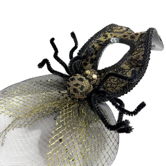 Pier 1 Masquerade Spider Mask VTG Gold Glitter Black Sequin Animal Floral Print - Picture 6 of 16